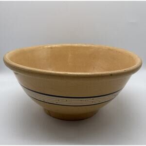 Antique Yellow Ware Mixing Bowl 12” Blue And White Stripe Farmhouse Read Crack